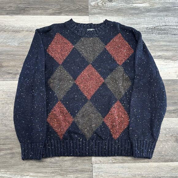 Vintage 90s Knightbridge Blue Argyle Mens L Wool Blend Crewneck Pullover Sweater - Picture 2 of 9